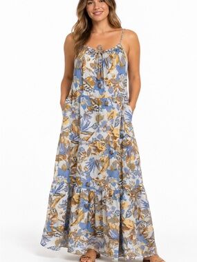 Faherty NWT Size L Blue Gold Floral Tiered Maxi Dress